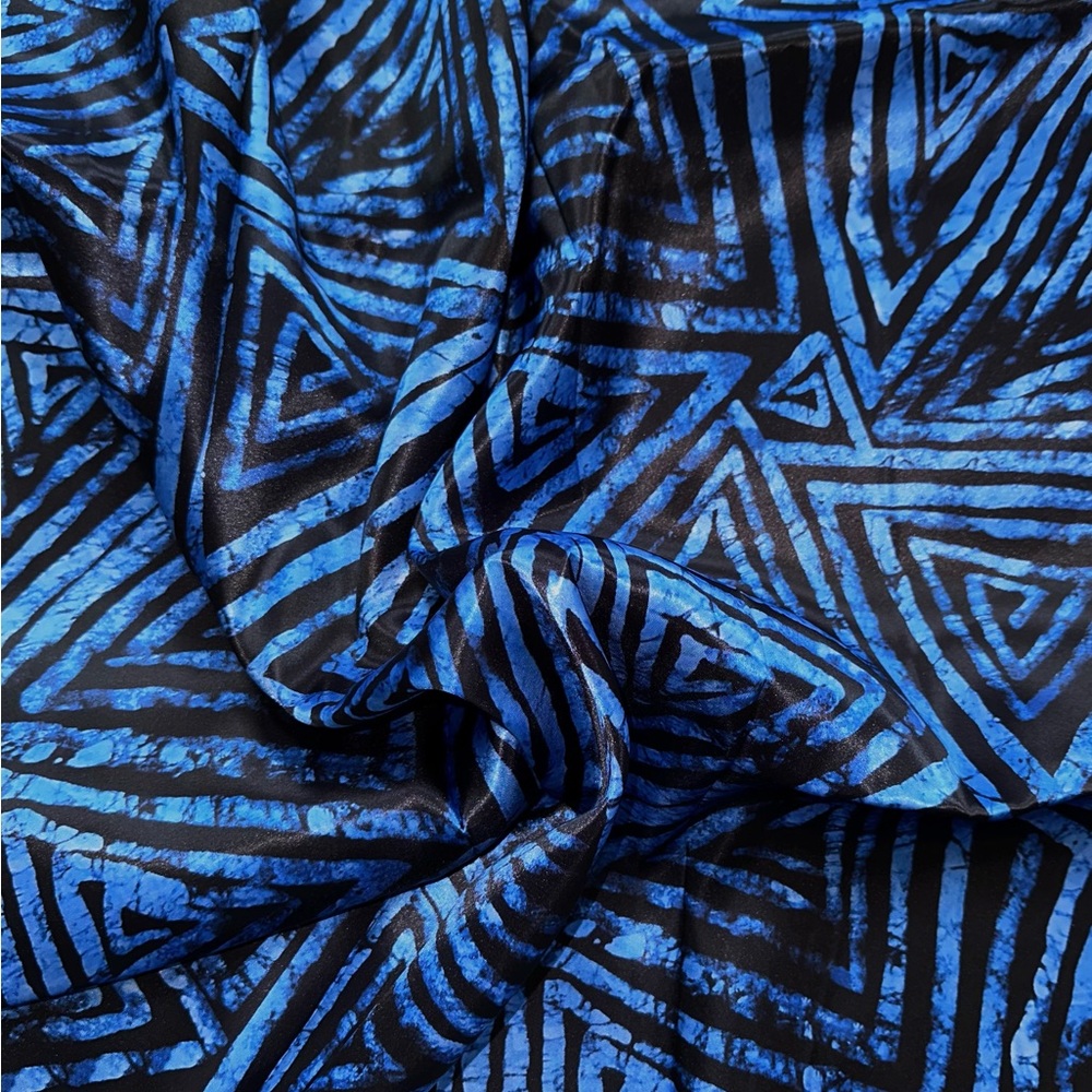 African Print, Satin Fabric- Black, Blue "Afreek", 4 Yards